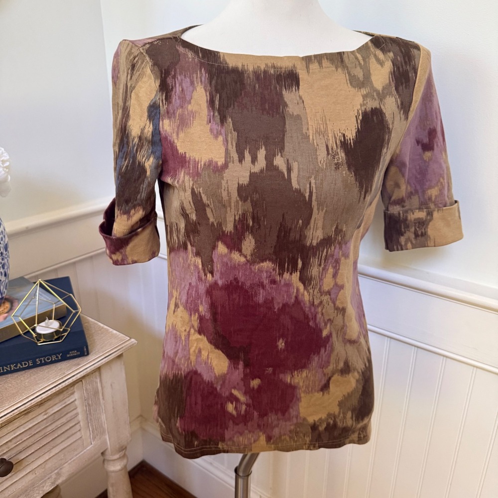 Lauren Ralph Lauren Brown Purple Abstract Ikat‎ Boat Neck Elbow Sleeve Top M